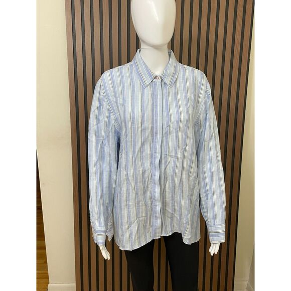 Soft Surroundings Women's PXL Blue Button-Up 100% Linen Shirt Striped Minimalist - Picture 1 of 9